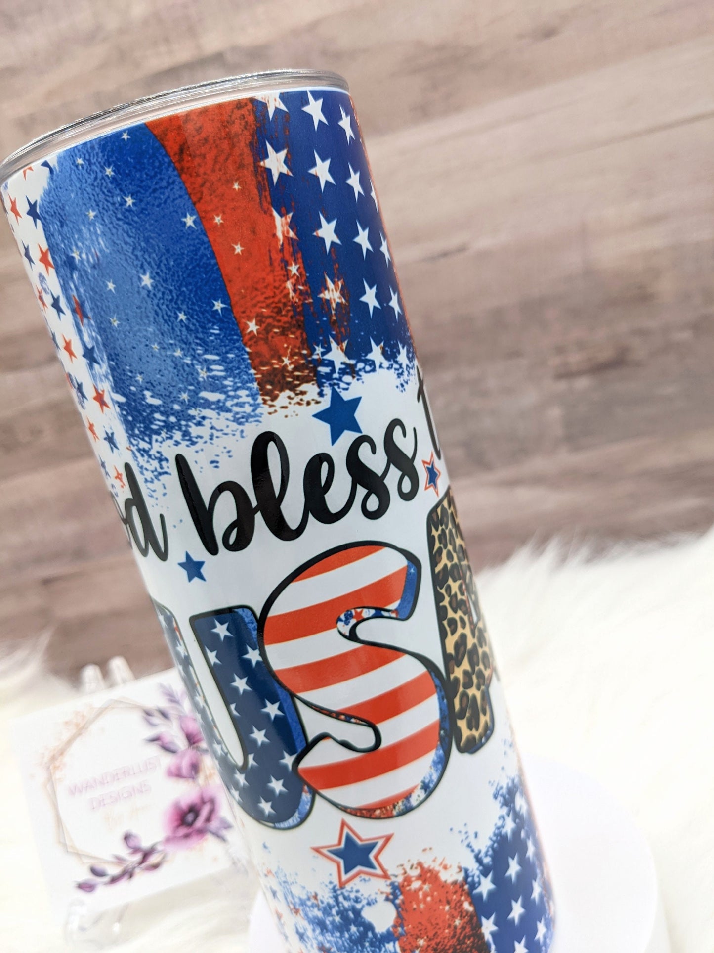 God Bless the USA Leopard Accented Stars and Stripes  20 Oz Sublimated Skinny Tumbler - Insulated Stainless