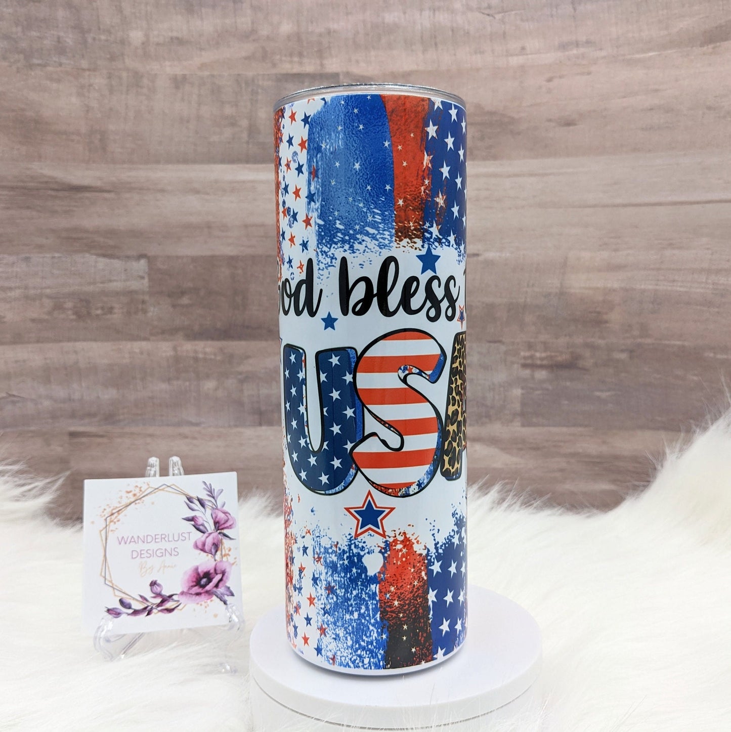 God Bless the USA Leopard Accented Stars and Stripes  20 Oz Sublimated Skinny Tumbler - Insulated Stainless