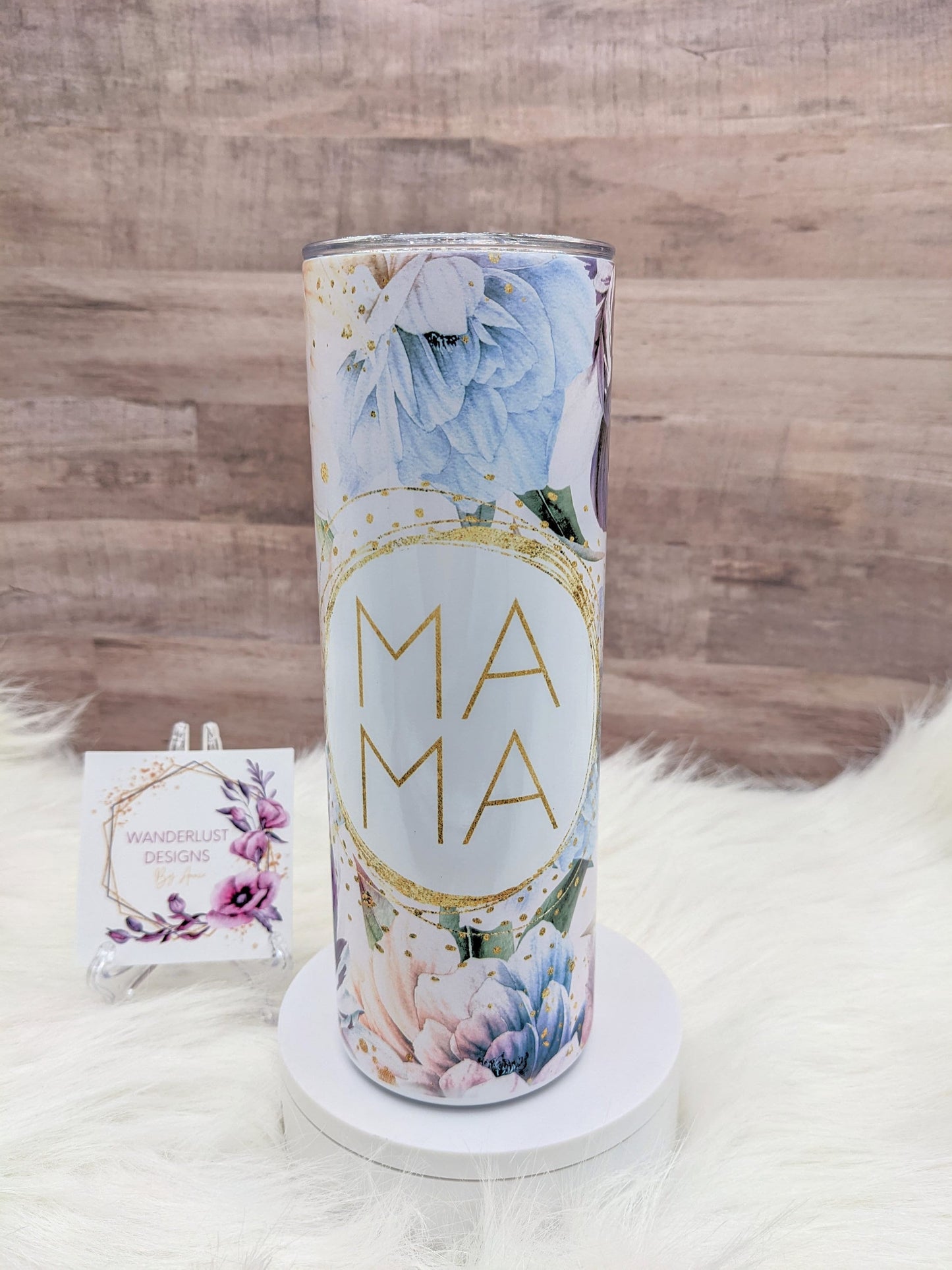 Mama Blue, Pink and Purple Watercolor Floral Tumbler 20 Oz Sublimated Skinny Tumbler - Insulated Stainless